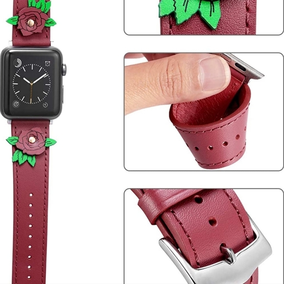 Handmade Rose Leather Watch Band Compatible with Apple Watch 42mm/44mm - Picture 4 of 5
